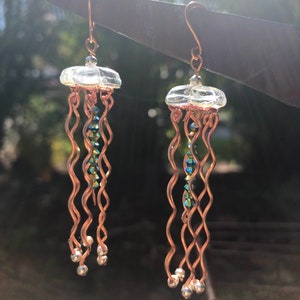 Jellyfish earrings, handmade, beachy, cruise jewelry, island jewelry, resort wear, copper, swarovski, silver plated