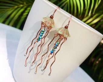 Jellyfish earrings, copper, dangle, Serenity, Czech glass,  mint green, resort jewelry, beachy, boho, cruise wear, artsy earrings, Medusa,