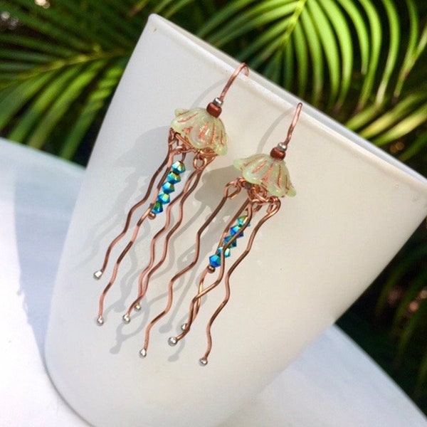 Jellyfish earrings, copper, dangle, Serenity, Czech glass,  mint green, resort jewelry, beachy, boho, cruise wear, artsy earrings, Medusa,