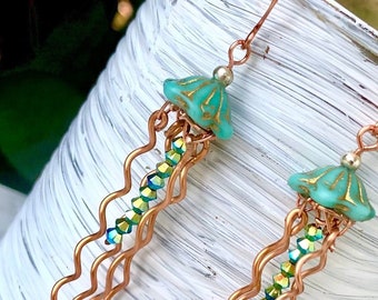 Jellyfish earrings, copper, dangle, Serenity, Czech glass,  mint green, resort jewelry, beachy, boho, cruise wear, artsy earrings, Medusa,