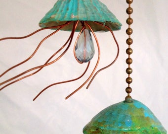 Jellyfish Fan Pull, Limpet shell, Suncatcher,  Light Pull, Beach Decor, Sea Life Accents,  Copper Jellyfish, Fan Pull, hostess gift