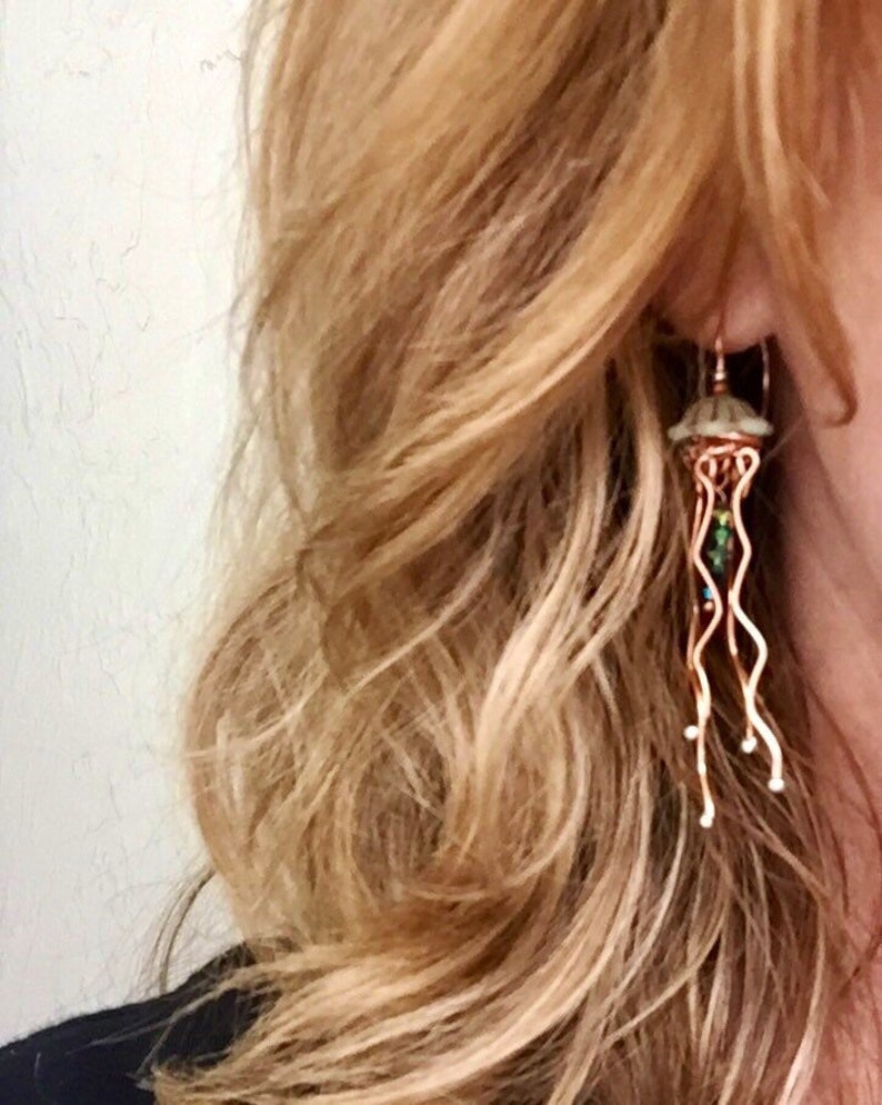 Jellyfish earrings, copper, dangle, Serenity, Czech glass, mint green, resort jewelry, beachy, boho, cruise wear, artsy earrings, Medusa, image 4