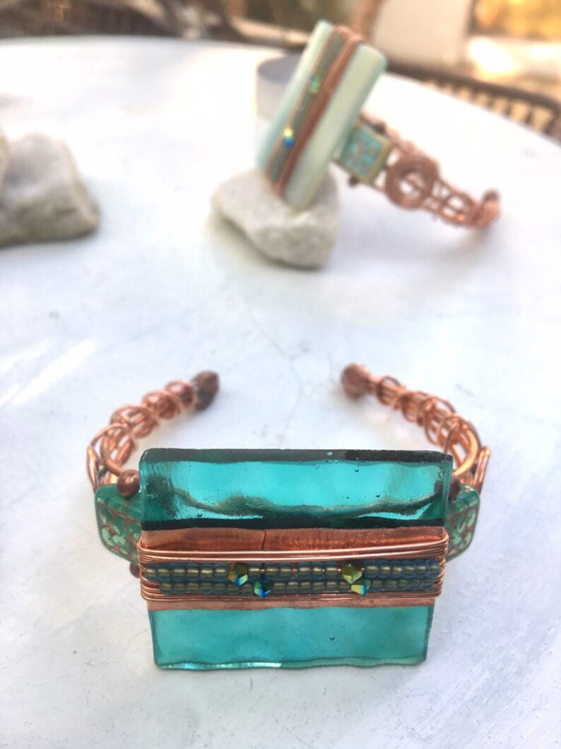 Handcrafted Deco Copper Geometric Glass Cuff Artisan,