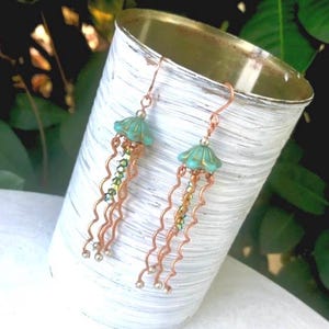Jellyfish earrings, copper, dangle, Serenity, Czech glass, mint green, resort jewelry, beachy, boho, cruise wear, artsy earrings, Medusa, image 8