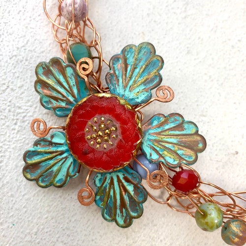 Statement necklace, shops flower, crocheted, vintage Czech glass, copper,
