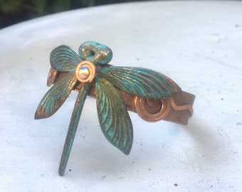 Dragonfly cuff, copper, verde, teal cuff, dragonfly lover