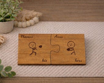 Set di sottobicchieri personalizzati per coppie, sottobicchieri in legno con incisione a forma di puzzle, regalo per lui e per lei, regalo per il signor e la signora, regalo di anniversario di matrimonio in legno, set da 2