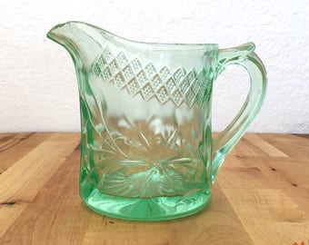 Vintage Green Vaseline Glass Pitcher US Glass Co Floral and Diamond Band Design