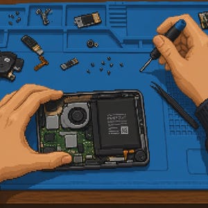 May include: A pixel art illustration showing a disassembled electronic device with an exposed circuit board, fan, and battery. A screwdriver and tweezers are positioned nearby on a blue silicone repair mat with various small screws scattered around.