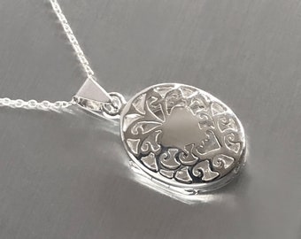 Silver Oval Heart Cutout Locket with 18" Sterling Silver Chain