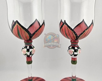 Amber Rose Red Gold Wine Glasses Set of 2 – Hand Painted Floral Tulip Goblets