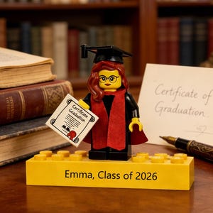 Könnte beinhalten: Eine Lego-Abschlussfigur mit schwarzer Kappe, rotem Schal und Brille, die eine Urkunde hält. Die Figur steht auf einer gelben Basis mit dem Text "Emma, Klasse 2026". Eine Abschlusskarte und Bücher sind im Hintergrund.