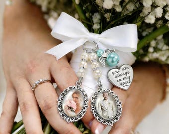 Custom Bridal Bouquet Photo Charm,Personalized Wedding Memorial Charm for Bride,Something Blue Wedding Keepsake