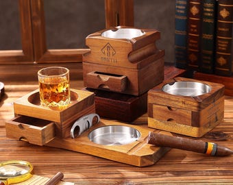 Cenicero de puros personalizado con grabado y espacio de almacenamiento, soporte para puros de madera de nogal con monograma, propuesta para padrino de boda, regalo del Día del Padre para amantes de los puros.