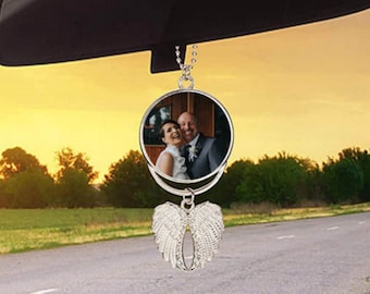 Custom Photo Angel Wings Car Charm, Personalized Memorial Hanging Charm with Picture, Car Rear View Mirror Charm, Memorial Ornament