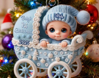 Custom Baby's First Christmas Ornament, Personalised Baby in Stroller Ornament, Baby 1st Xmas Decorations, Baby Christmas Gift