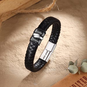 Regalo personalizado para el Día del Padre, pulsera de cuero personalizada, pulsera con nombre de niño, joyería familiar, regalo para abuelo y esposo.