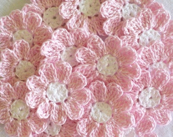 Pink and White Crochet Flowers, 12 Small Handmade Appliques, baby shower supplies