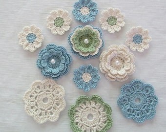 Crochet Flower Appliques, Embellishments, Variety, Delft Blue, Antique White, Green  - set of 12