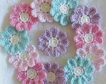 Small Crochet Flower Pastel Appliques - set of 12, handmade, craft supplies, embellishments, scrapbooking