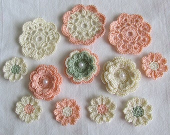 Crochet Flower Appliques, Embellishments, Variety, Cream, Peach, Green - set of 12