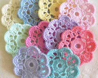 Crochet Applique Flowers, Mini Doilies, Spool Pin Doilies, -  set of 10