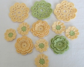 Crochet Flower Appliques, Embellishments, Variety - set of 12, Yellow, Green