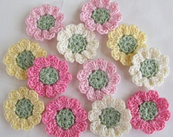 Tiny Colorful Crochet Flowers, 12  Small Handmade Appliques, Craft Supplies