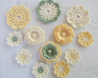 Crochet Flower Appliques, Embellishments, Variety, Cream, Yellow, Green  - set of 12