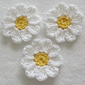 Small Crochet Flowers, White, Yellow, Embellishments, Appliques set of 12 image 3
