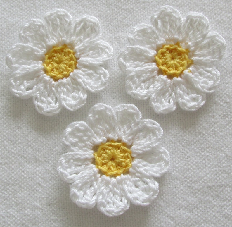 Small Crochet Flowers, White, Yellow, Embellishments, Appliques set of 12 image 3