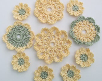Crochet Flower Appliques, Embellishments, Doilies, Variety, Maize Yellow, Green  - set of 10