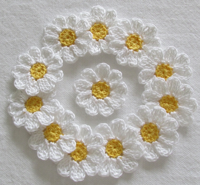 Small Crochet Flowers, White, Yellow, Embellishments, Appliques set of 12 image 1