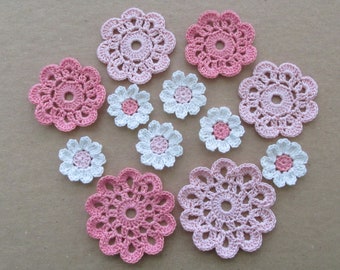 Crochet Flower Appliques, Embellishments, Doilies, Variety, Pinks, White - set of 12