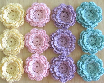 12 Crochet Flower Appliques, Pastel Three-Layer Flowers