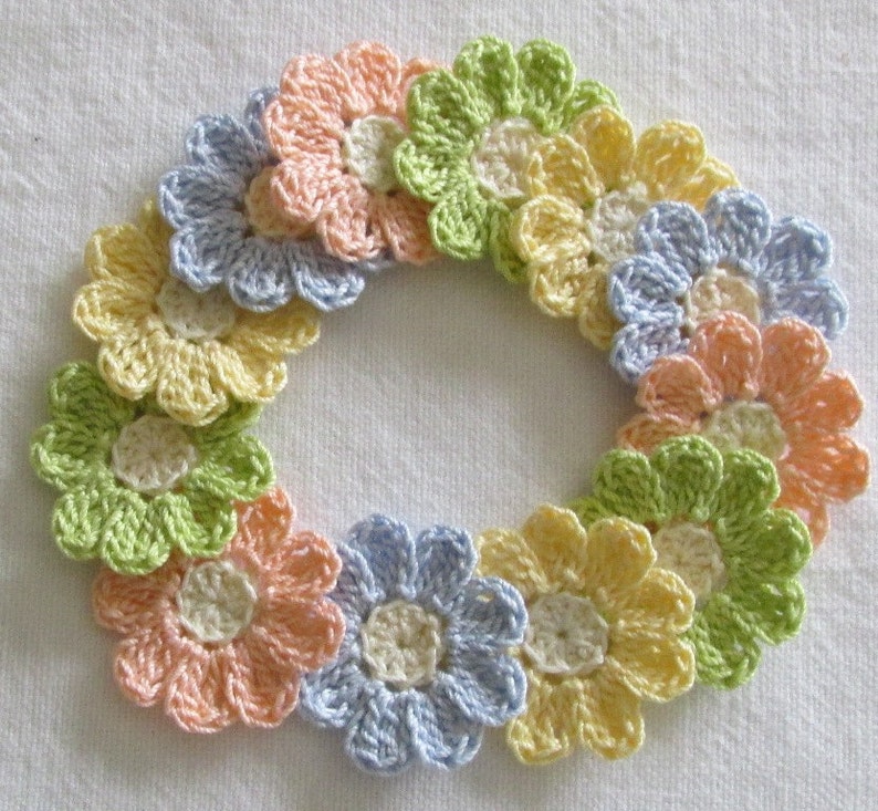 Small Pastel Crochet Flower Appliques set of 12, handmade, craft supplies, embellishments image 3