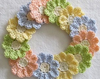 Small Pastel Crochet Flower Appliques - set of 12, handmade, craft supplies, embellishments