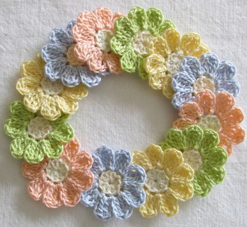 Small Pastel Crochet Flower Appliques set of 12, handmade, craft supplies, embellishments image 1