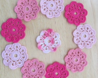 Pink Crochet Applique Flowers, Mini Doilies, Spool Pin Doilies, -  set of 10