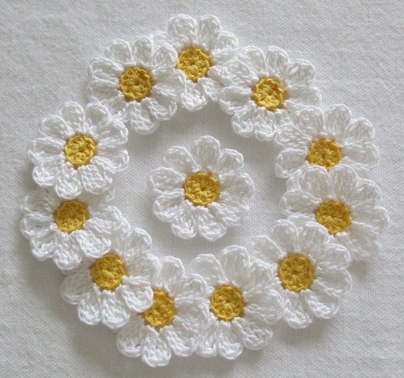 Small Crochet Flowers, White, Yellow, Embellishments, Appliques set of 12 image 4