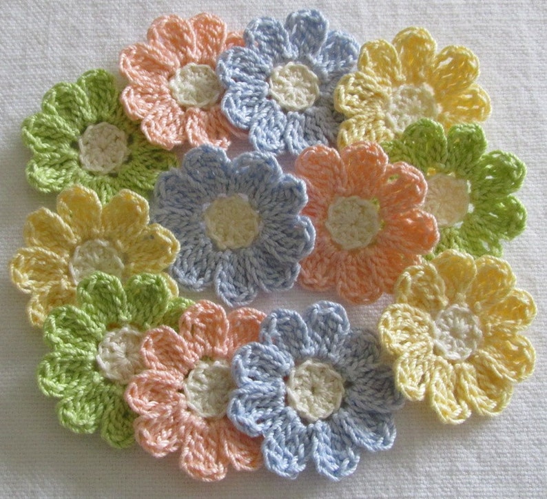 Small Pastel Crochet Flower Appliques set of 12, handmade, craft supplies, embellishments image 4