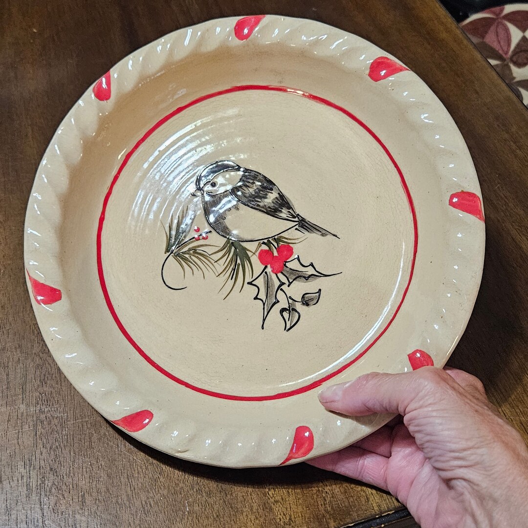 Stoneware Vintage Pie Pan Dish 9 Inch Pie Pan Bird and Holly Etsy