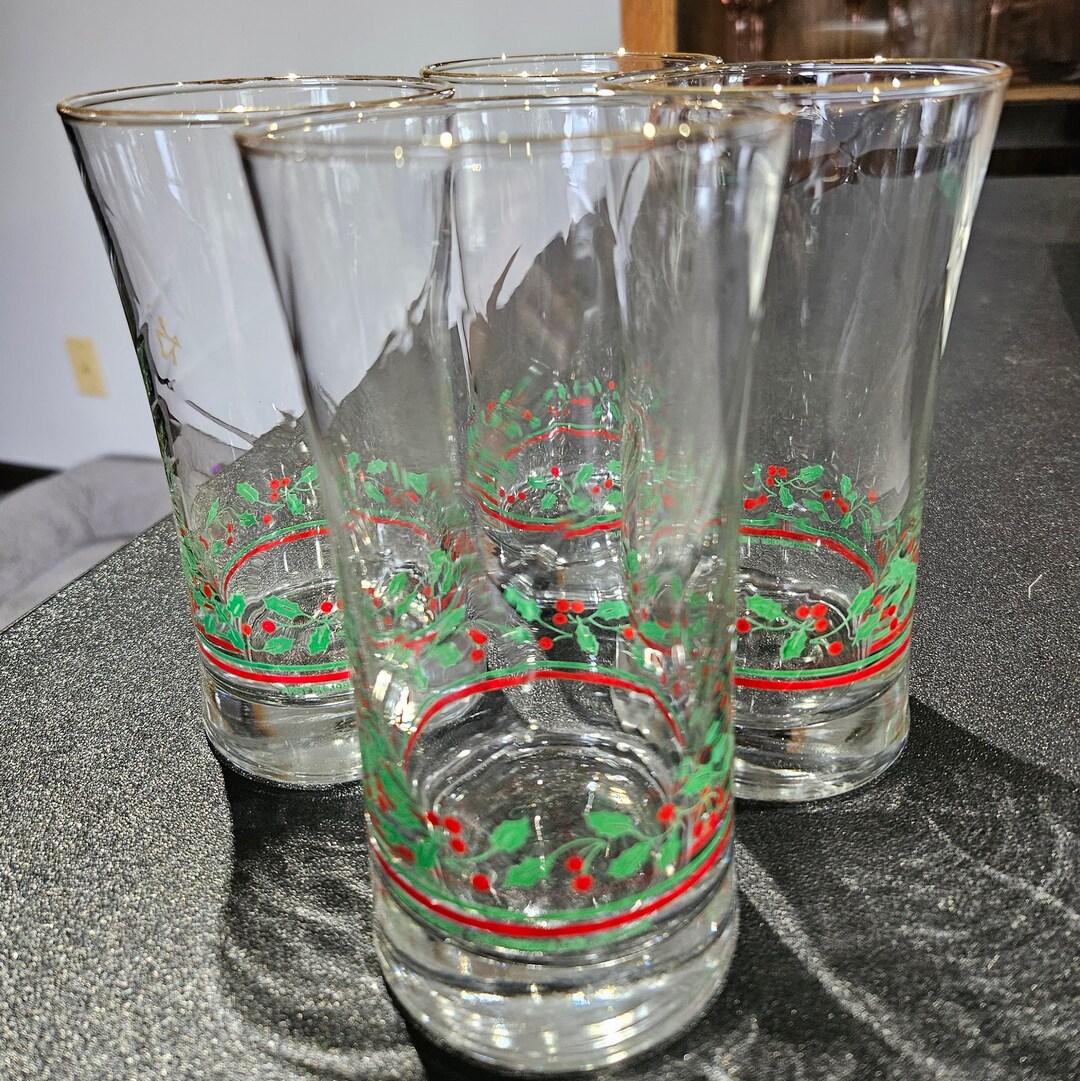 Vintage 1987 Arby's Christmas Glasses Lot of 4 12 Oz Glasses Holly and