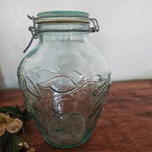 Vintage Hermetic Green Tint Jar Canister Made in Italy Fruit Design