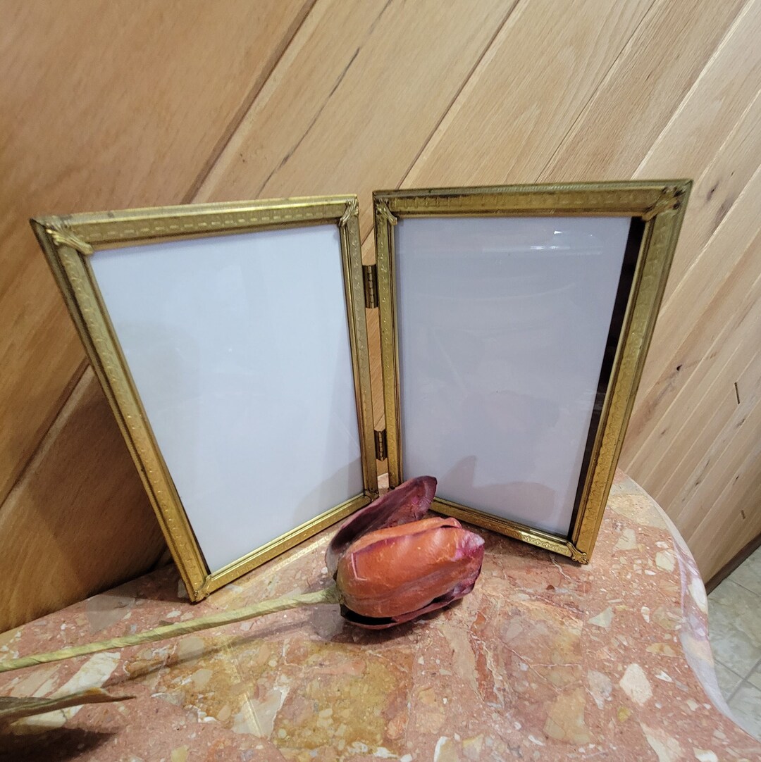 Vintage 5x7 Bi Fold Picture Frame Gold Tone Metal Wedding Table ...