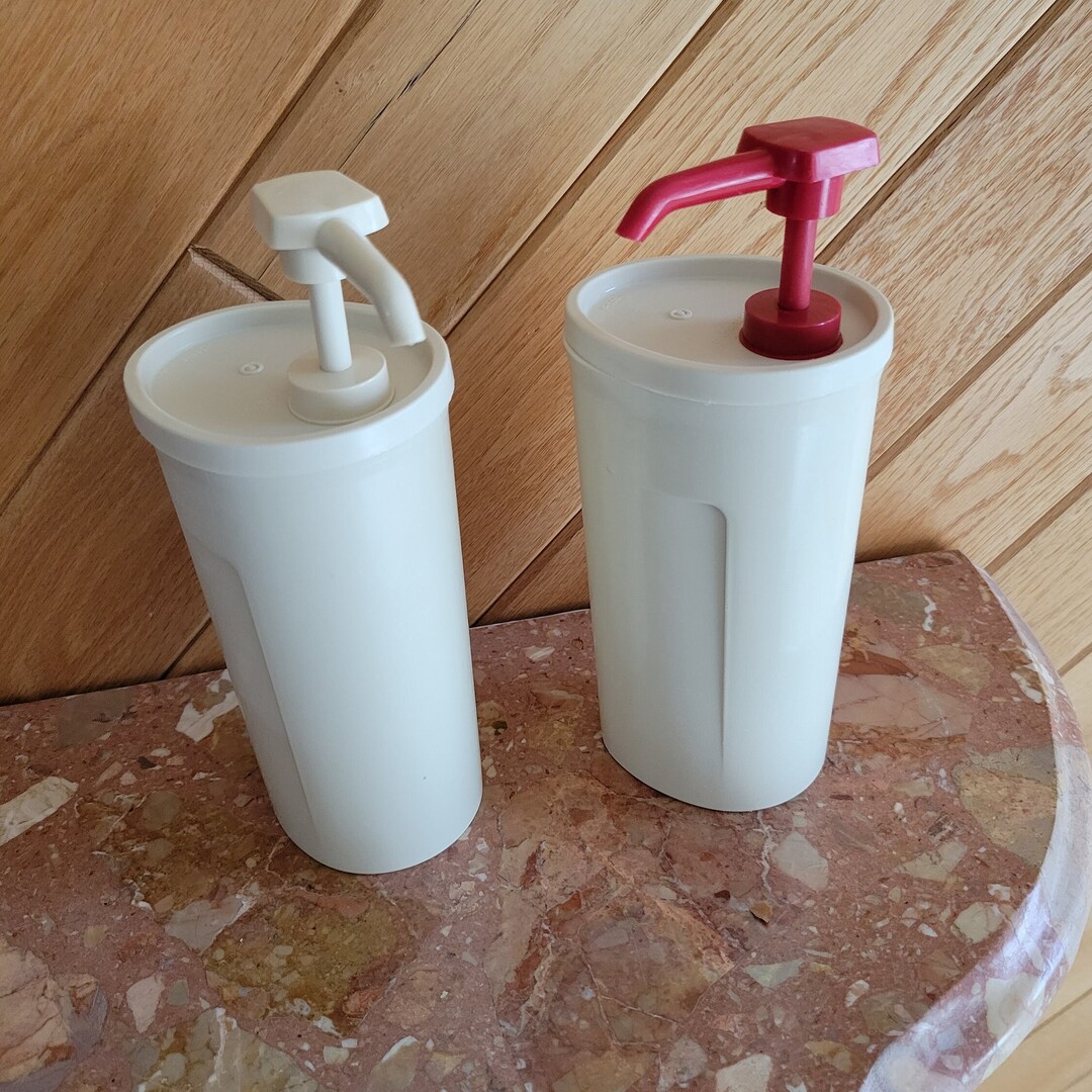 Tupperware Condiment Pump Containers Ketchup and Mustard Almond Color
