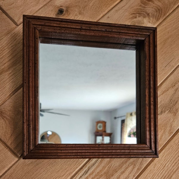 Vintage Shadowbox Mirror 1990s 8 1/4" Square Wood Mirror Accent Mirror Photo Prop