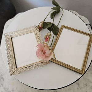 Lot of 2 Vintage Frames 3x4 and 4x5 Fancy Gold Tone Filigree Metal Frame Free Standing and Hanging Wedding Items  Photo Prop #14D