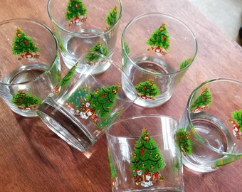 Vintage Christmas Glasses Lot of 6 Rocks Glasses 2 Lots Available 10 Oz Glasses Christmas Holiday Glassware