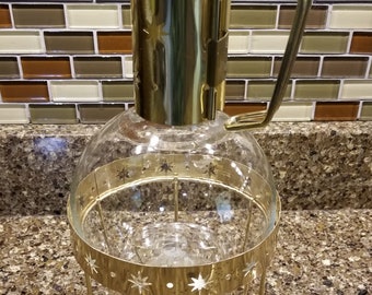 Mid Century Glass Coffee Carafe with Metal Candle Warmer Stand 6 Cup Carafe Vintage Coffee Server Retro Tableware Photo Prop